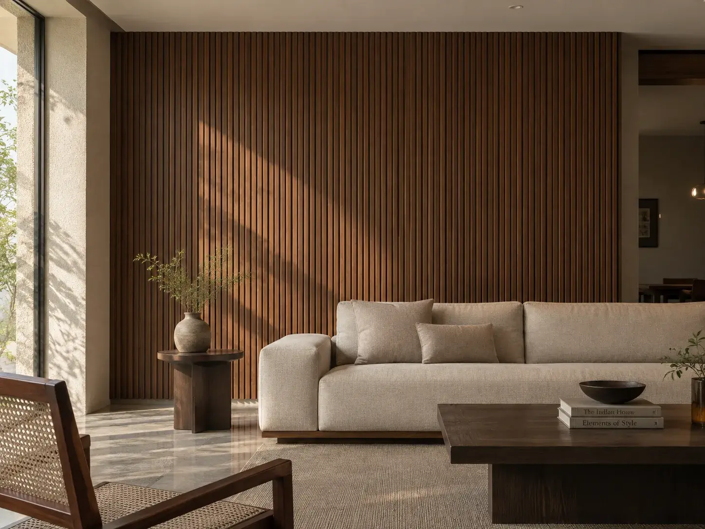 Living room with a walnut fluted wall panel feature wall